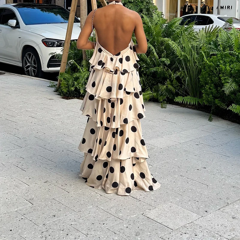 Sexy halter sem mangas em camadas bolo vestido elegante sem costas polka dot print vestido longo verão moda feminina oco vestidos de festa