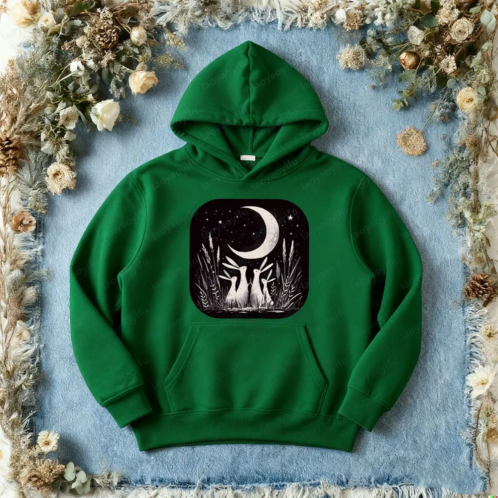 Coelho bonito com capuz lua celestial coelho roupas escuro cottagecore hoodies goblincore estética das mulheres dos homens moda vestuário casual