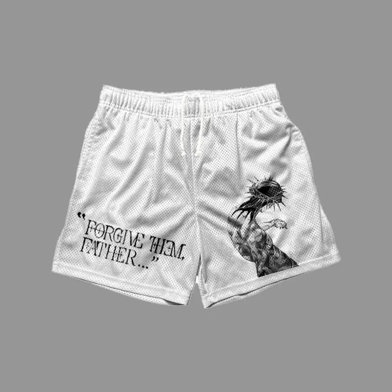 Summer Casual Shorts Pocket Drawstring “Forgive Them Father ”Jesus Print Easter Sports Shorts Breathable Short Beach Pants Moto