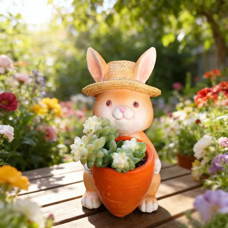 創造的な樹脂製ウサギ型の花瓶、ニンジンを抱えたデザイン、屋外中庭バルコニー多肉植物盆栽鉢、工芸品、庭の装飾