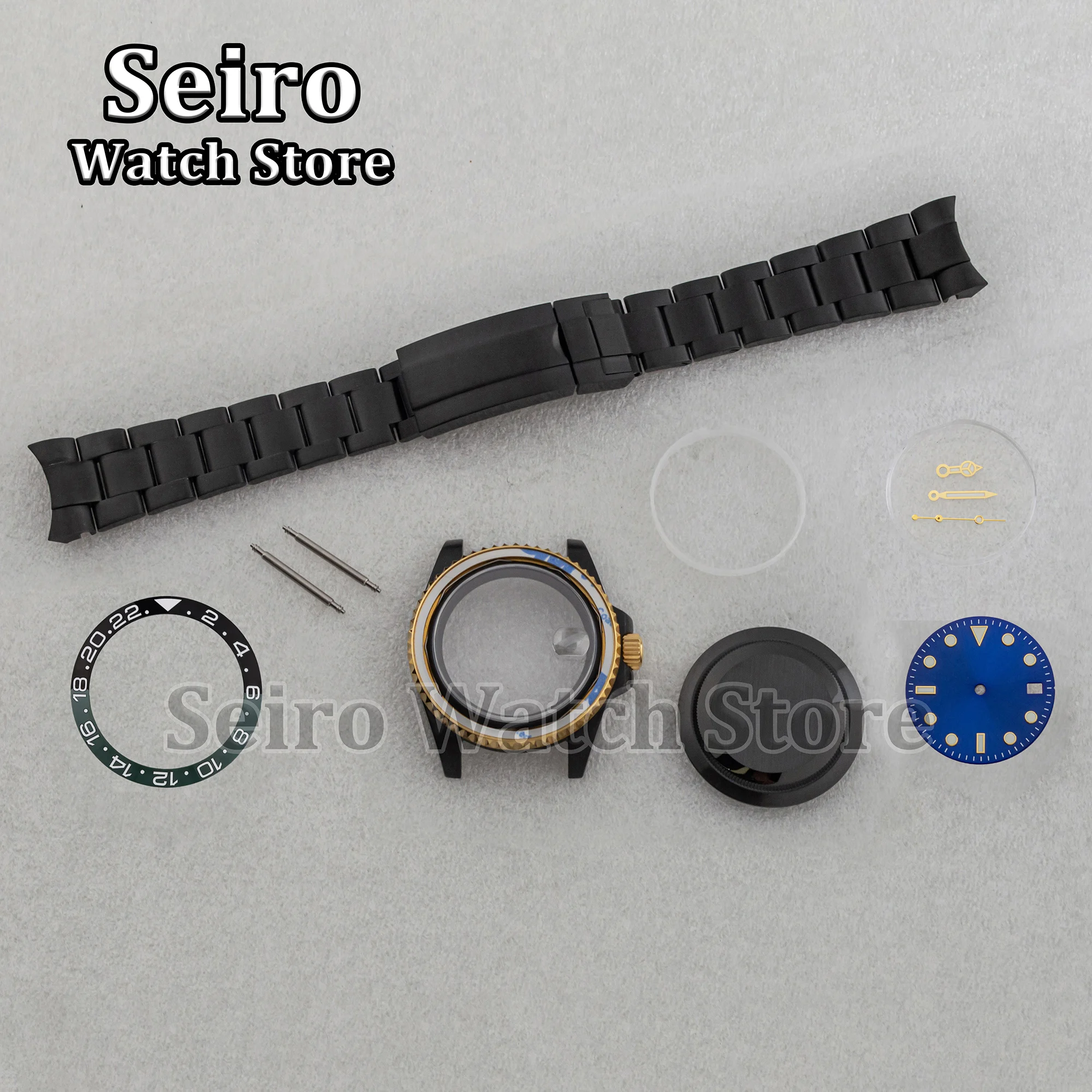 40MM PVD Black Gold Watch Case Sapphire Glass Oyster Strap Blue Dial Luminous Hands for Yacht SUB GMT NH35 NH34 NH36 Movement