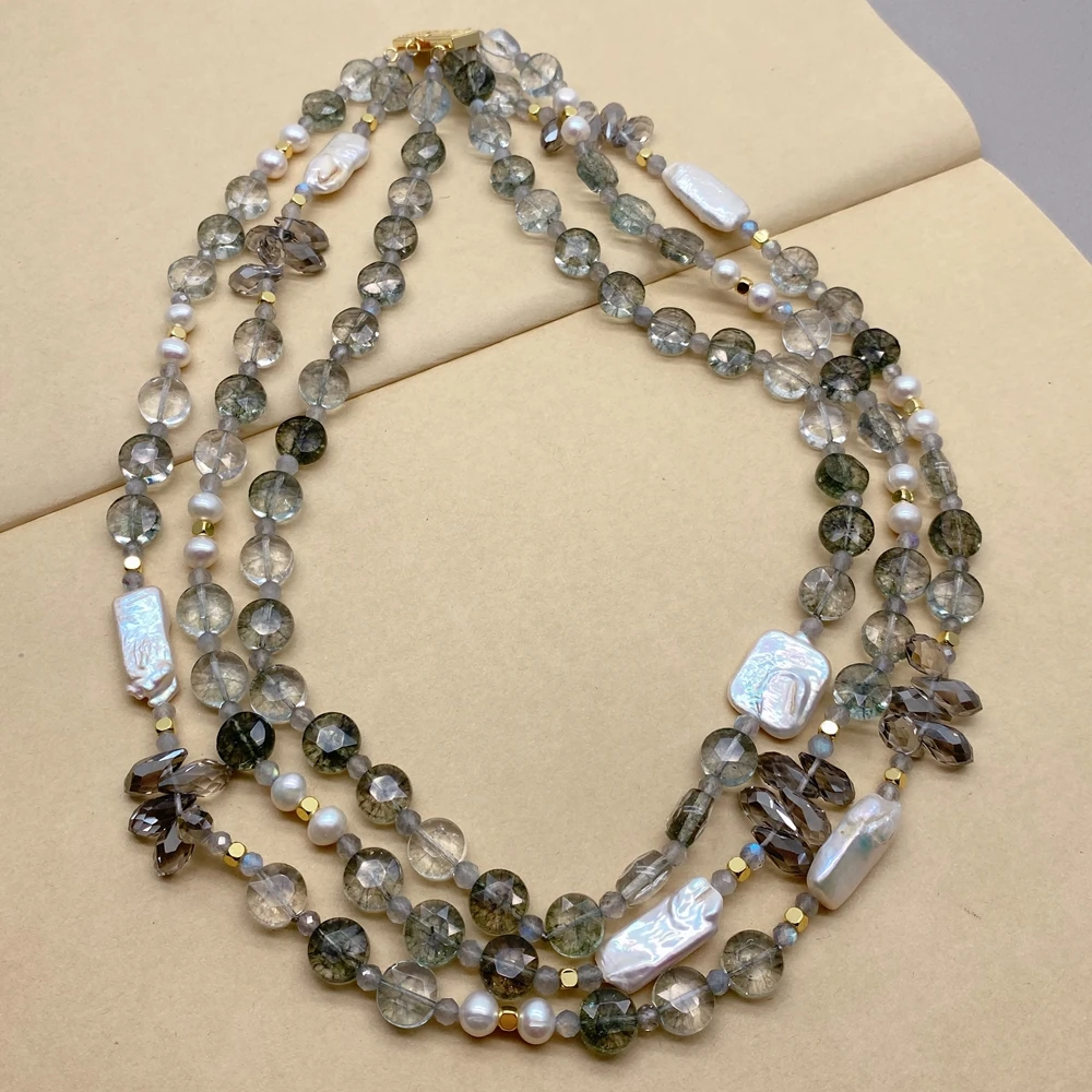 

Y·YING 3 Layers Smoky Crystal Coin Beads White Biwa Pearl Collar Necklace Multilayers Necklaces Jewelry Dropship