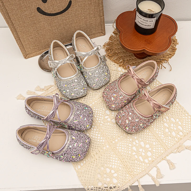 Girls Princess Shoes Shiny Sequins Kids Flat Shoes Simple Bows Square Toes 2026 Brand New Children Leather Shoes Non-slip