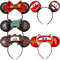 Disney Anime Cars Ears Headbands Women Sequins Bow Hairband Girls Pixar 95 Lightning McQueen Hair Accessories Kids Headwear Gift