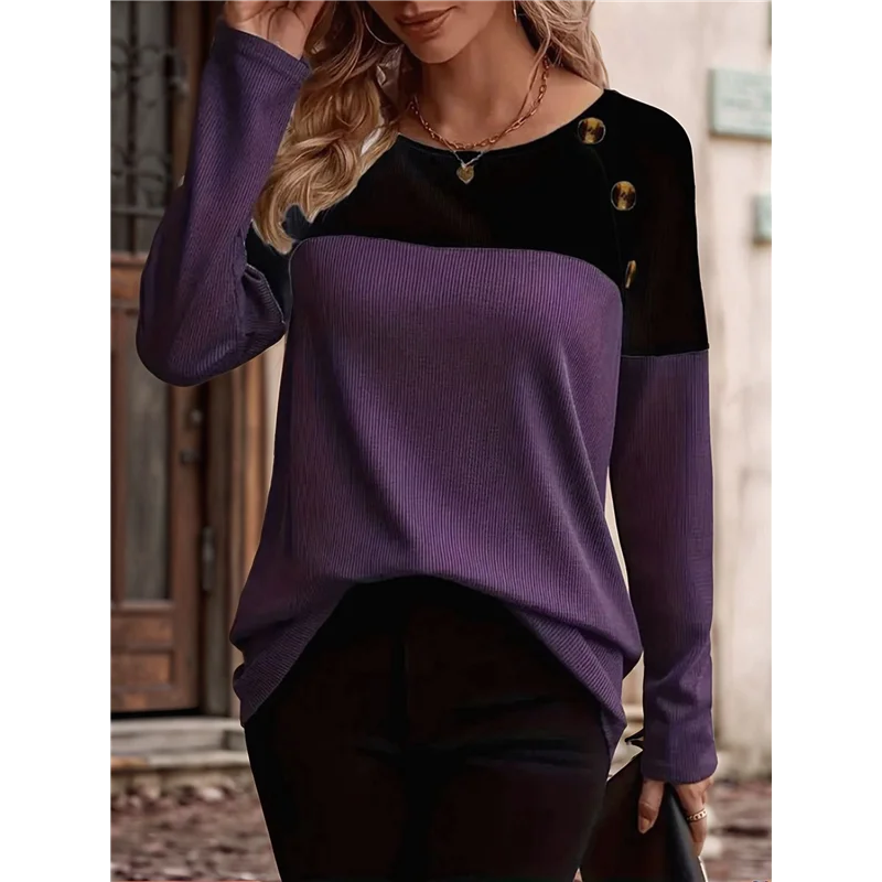 AOAO-Camisas de punto tipo gofre para mujer, camiseta de manga larga con bloques de colores, túnicas con detalle de botones