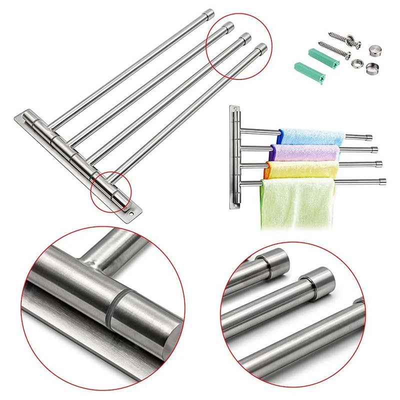 

【A08I】Wall Mounted Swing Towel Bar - Stainless Steel Bath Towel Rod 4-, Bathroom/Kitchen Swivel Towel Rack Hanger Holder