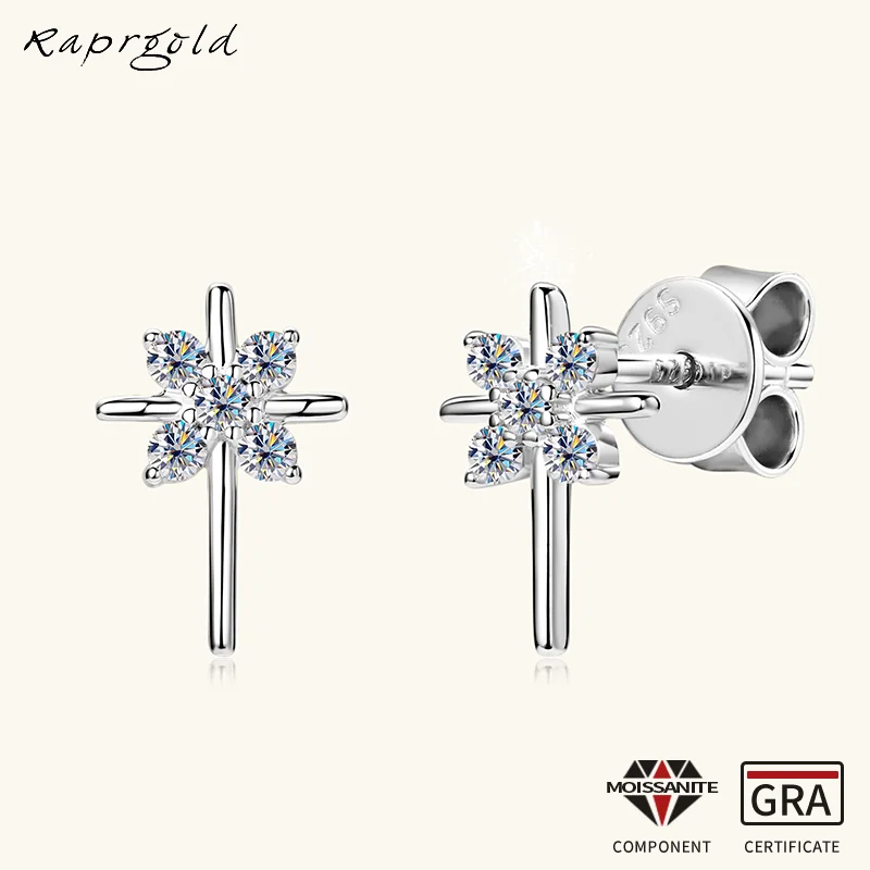 RAPRGOLD-pendientes de tuerca con cruces de moissanita de corte redondo para mujer, Piercing de plata de ley S925, pendientes de estrellas, regalos de joyería de boda