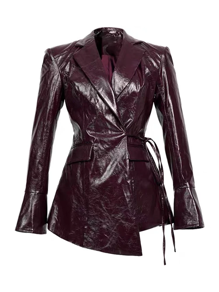 Cappotto lungo con lacci in ecopelle moda retrò Donna Lady Street Clothes Giacca a maniche lunghe in PU Mujer Outwear Occasione formale Nuovo