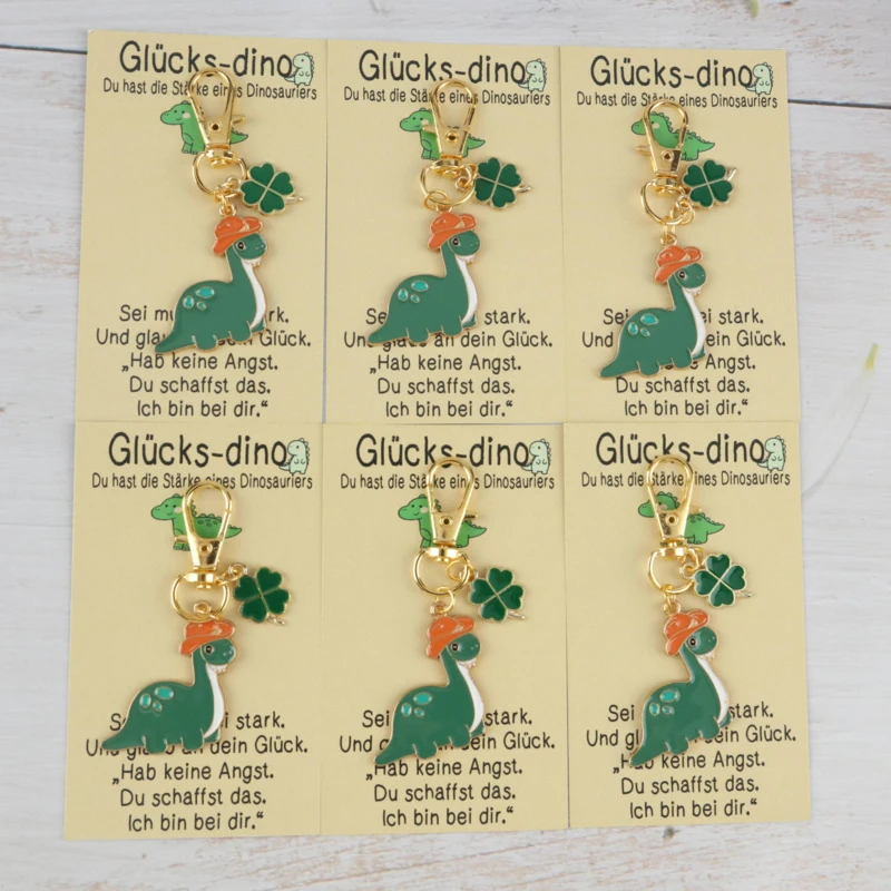 1/3/6pcs  2dCute Dinosaur and Four-Leaf Clover Series Keychain Set Belt“Lucky Dinosaur”Card Practical bag key accessory Suitable