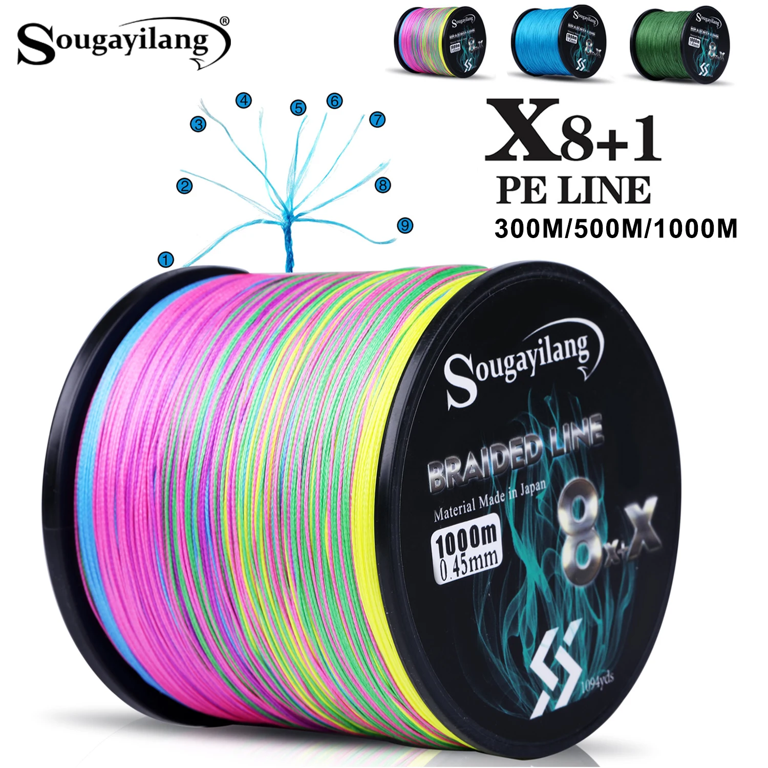 Sougayilang  8+X Strands Braided Fishing Line 300M 500M 1000M Multifilament Durable Pe Line 7.6-45.8kg Drag for Smooth Fishing