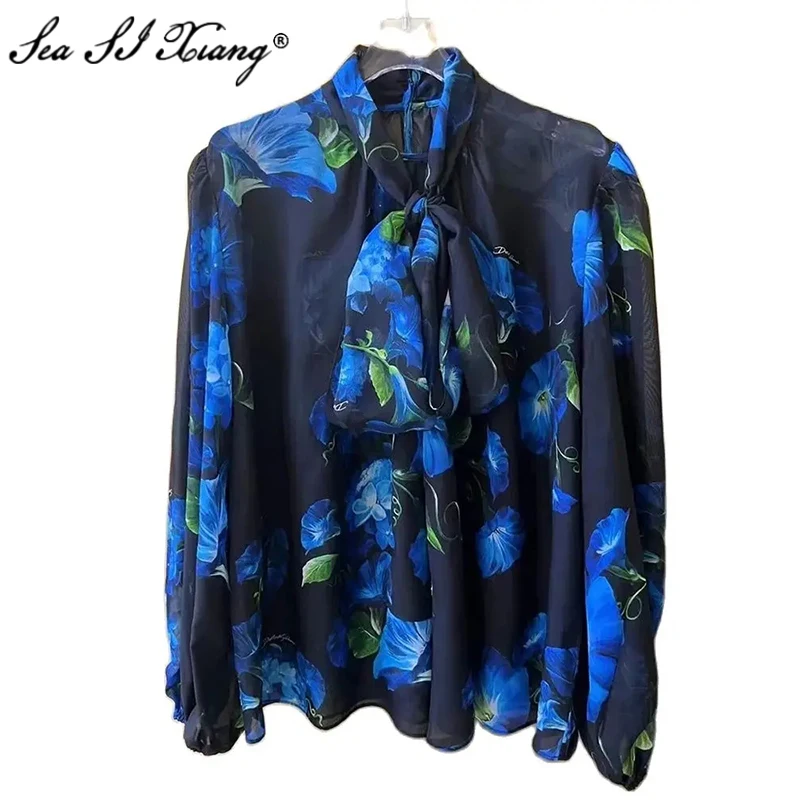 

Seasixiang Fashion Designer Spring Silk Tops Women Lace-up Collar Lantern Sleeve Flower Print Vintage Pullover Shirt