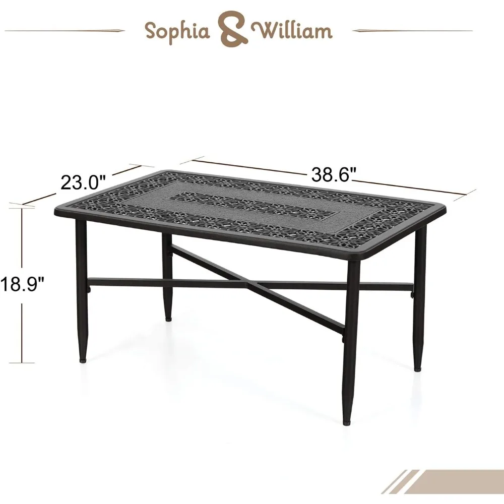 Patio Coffee Table Rectangle, Modern Outdoor Cast Aluminum Coffee Table 38.6 L x 23.0 W x 18.9 H, Brown