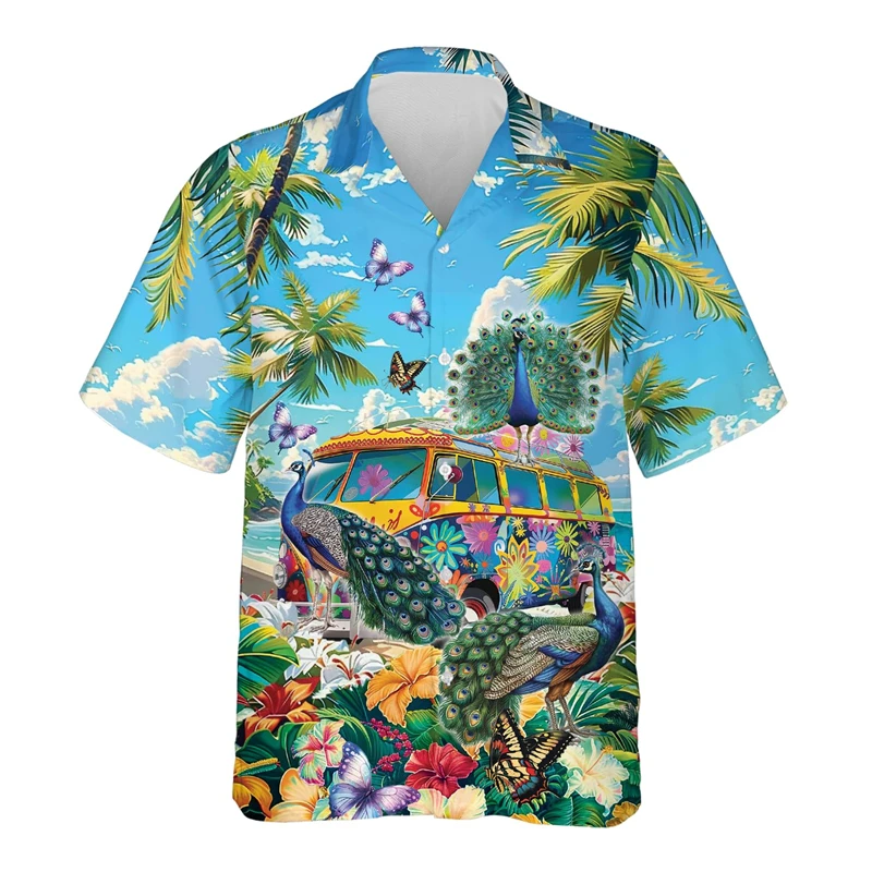 Hawaiian Hippie Bus Bird 3D Printed Beach Shirts Aloha Vacation Flamingo Graphic Shirt For Men Clothes Lovebird Toucan Blouses