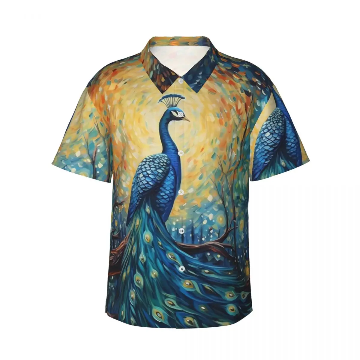 Camisa hawaiana con pintura de fantasía sobre pavo real, camisas informales de playa para hombre, ropa de calle de manga corta, blusas elegantes de gran tamaño