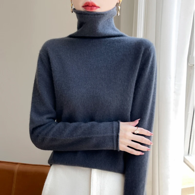 Autumn Winter 100% Wool Turtleneck Sweater Women Elegent Sweater Solid Color Long Sleeve Top Fashion Knit Female Pullover Jumper