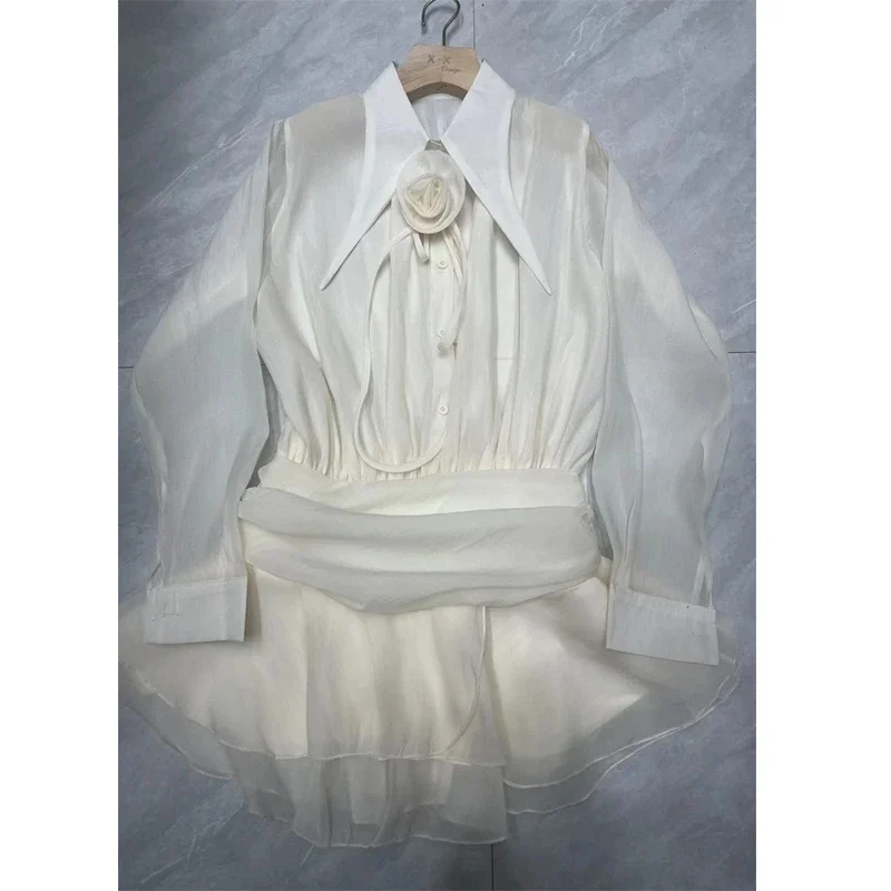 2025 New See-Through Tierred Dress Woman Summer Solid Turn-Down Collar Shirt Ruffles Chic Long-Sleeve Chiffon Party Bodycon