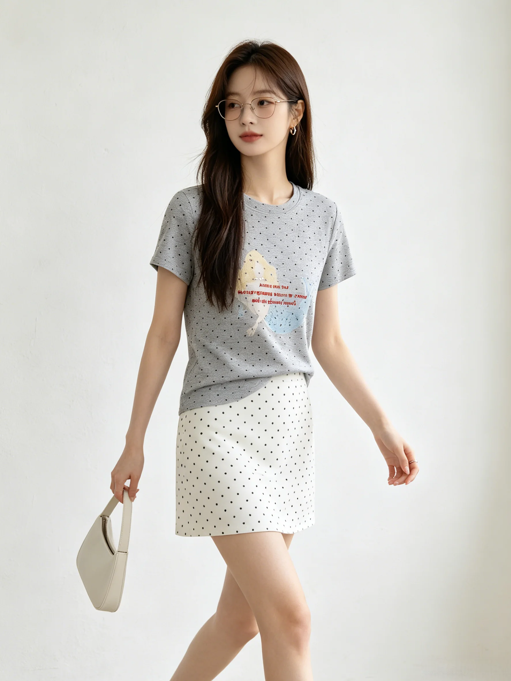 

Slimming Polka Dot Mermaid Print Short Sleeve round Neck T-Shirt Women's Casual Summer Top Fashionable Versatile Korean Style