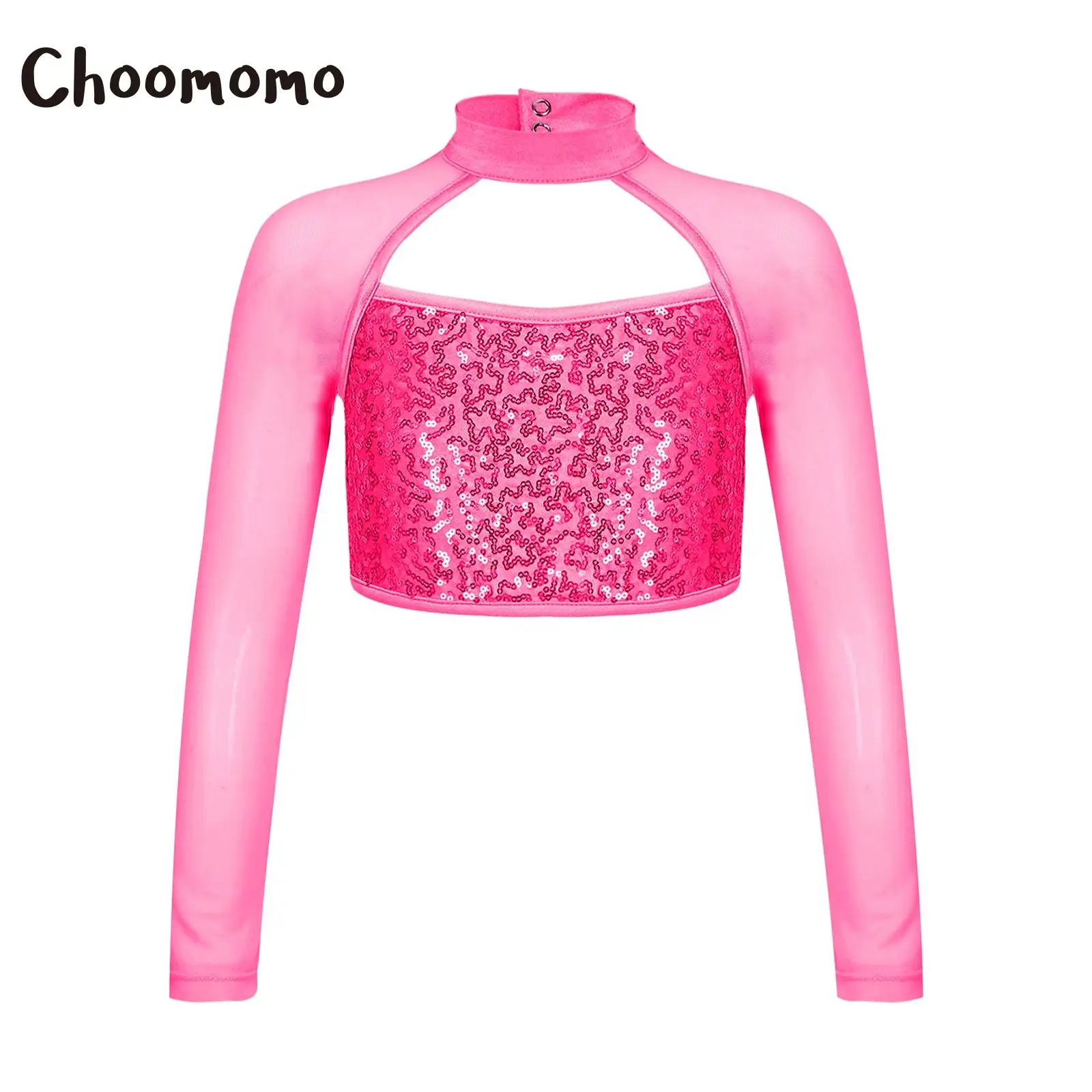 Kids Girls Shiny Sequins Mock Neck Long Sleeve Cutout Crop Tank Tops Jazz Hip Hop Dance Athletic Shirts Modern Dancewear