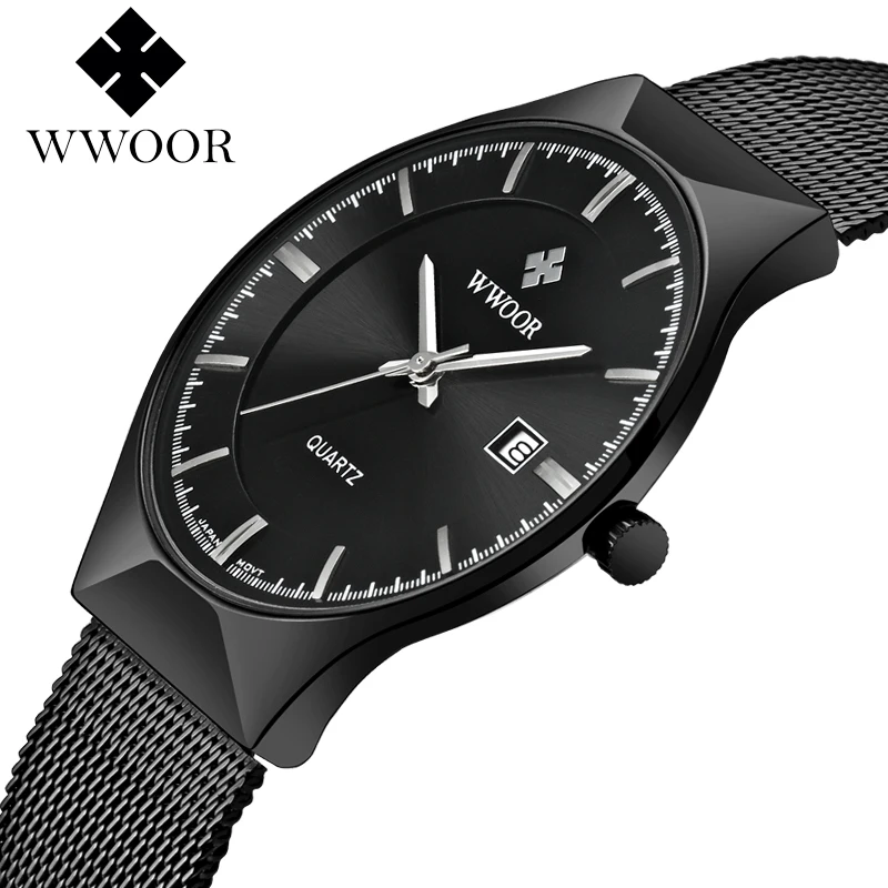 WWOOR New Men\'s Watches Stainless Steel Top Brand Luxury Ultra Thin Quartz Waterproof Date Business Man Wristwatch Reloj Hombre