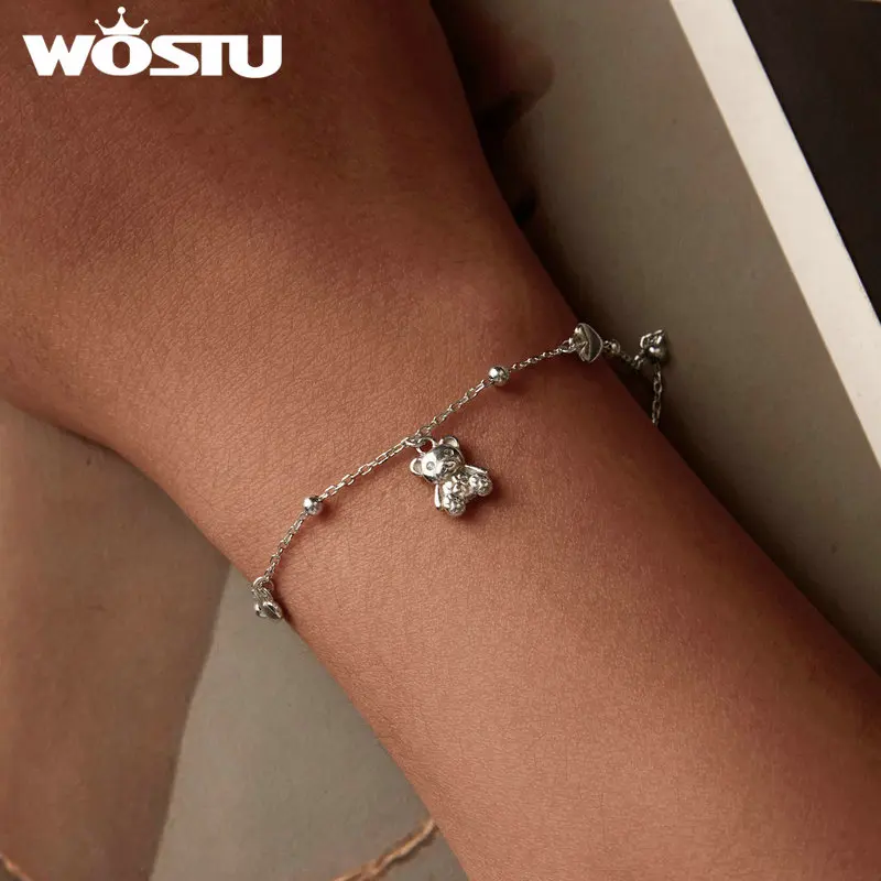 WOSTU 925 Sterling Silver Little 3D Bear Bracelet Heart Pendant for Women Girl Dating Birthday Companionship Gift Fine Jewelry