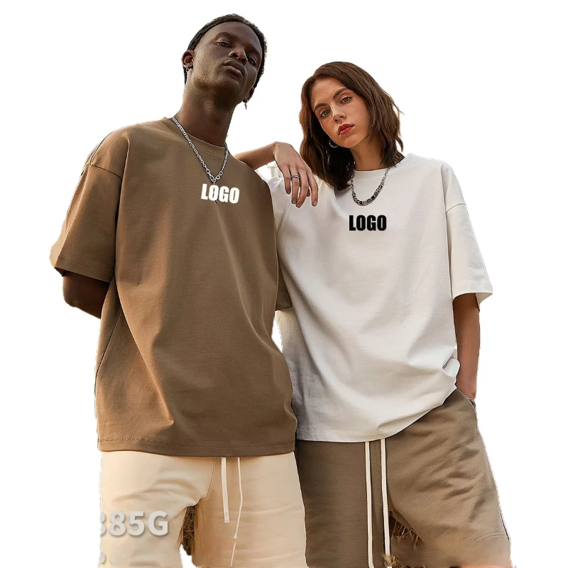 Custom LOGO men's and women's 385G heavy T-shirt 100% pure cotton spring summer new loose short-sleeved T-shirt top popular 2025