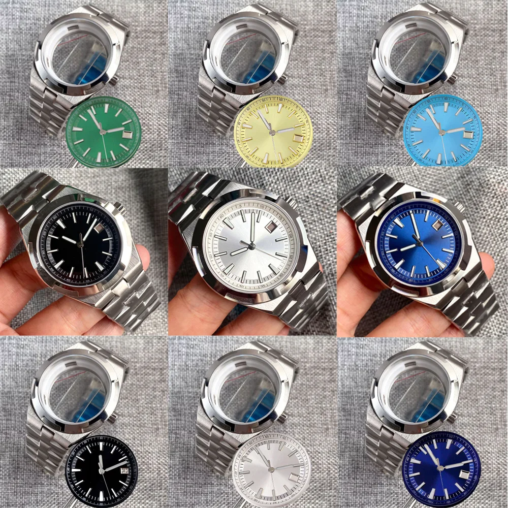 

41mm Watch Case Steel Bracelet 33mm Black Blue Green Dial Set Fit NH35 Movement Sapphire Glass Watch Parts Push-Pull Crown