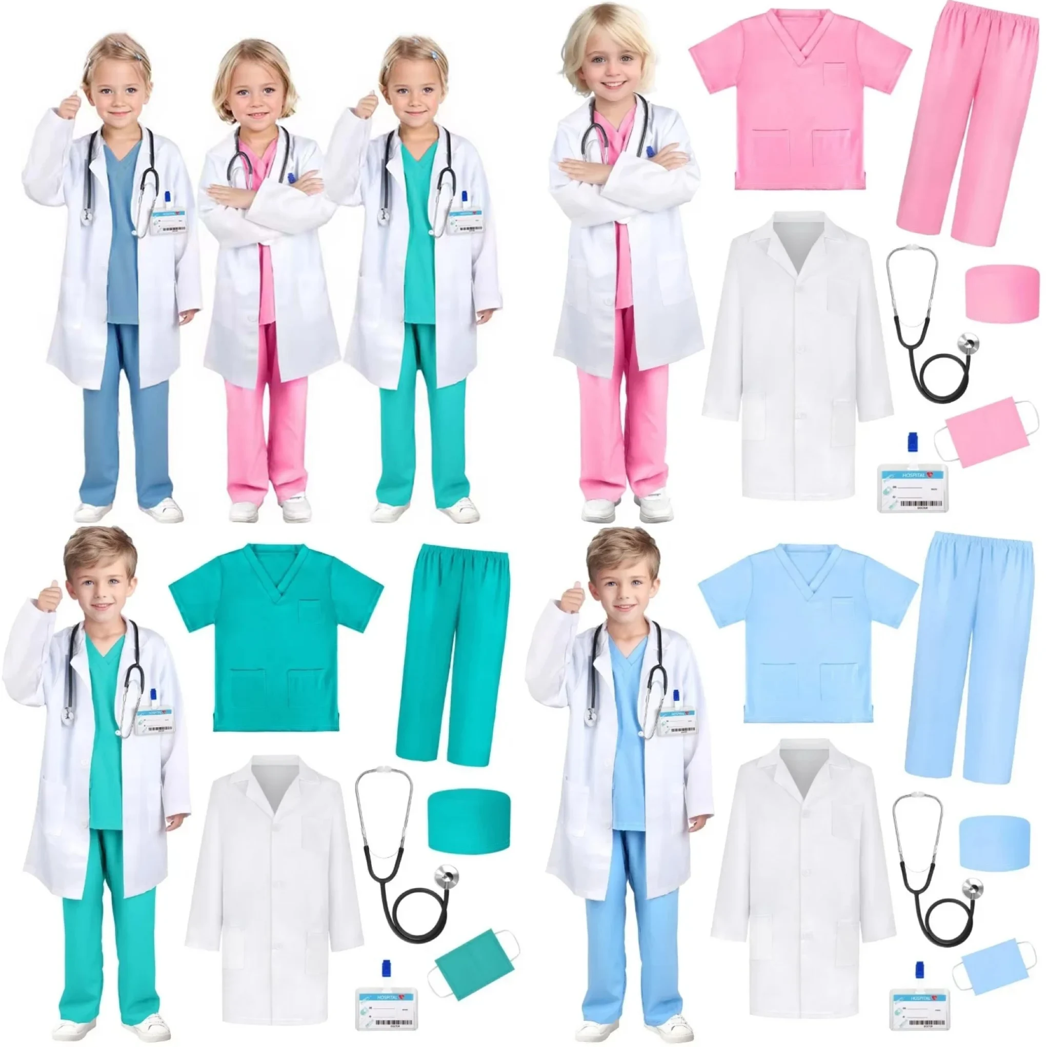 

Nurse Dress Up Top Pants Jacket White Coat Work ID Mask Hat Stethoscope 7PC Set Role Play Halloween Costume Doctor Costume New
