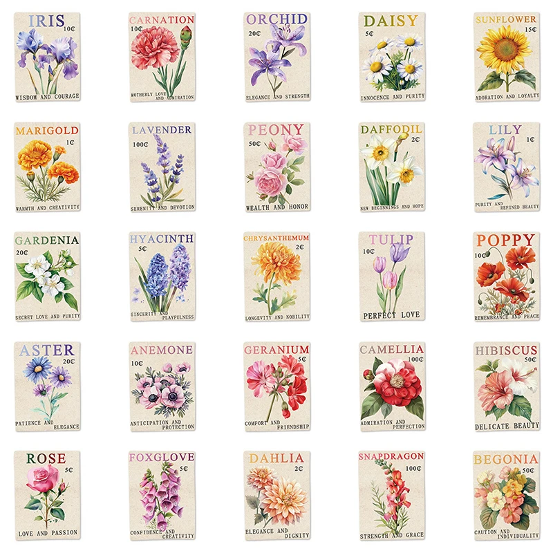 50PCS Vintage Flower Postage Stamp Graffiti Stickers Aesthetic Botanical Decorative Notebook Guitar Envelope Decals Kid Toy Gift view 3