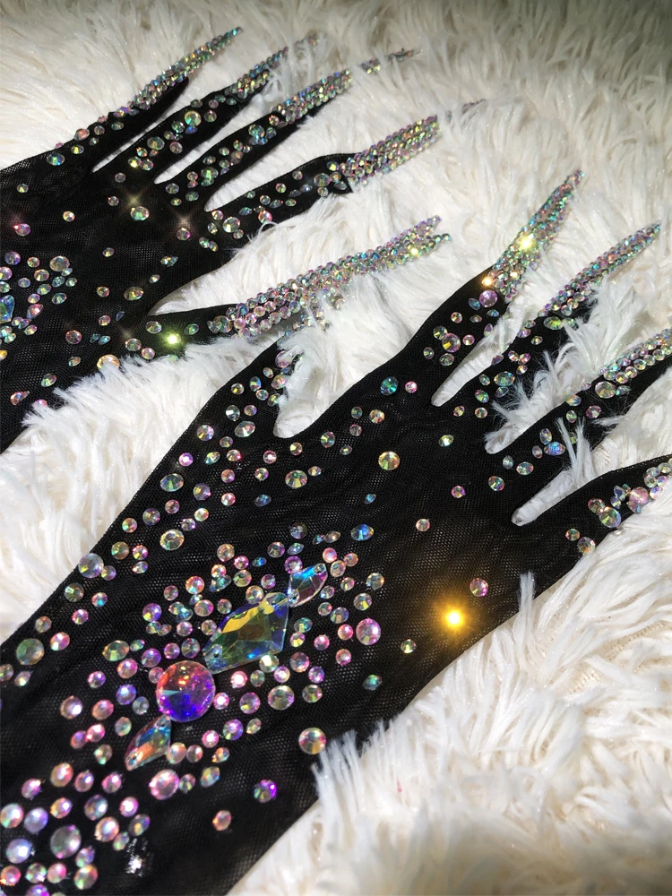 Guantes de malla de cristal brillante para baile de graduación, ropa de noche lujosa, guantes de rendimiento para escenario, Sexy