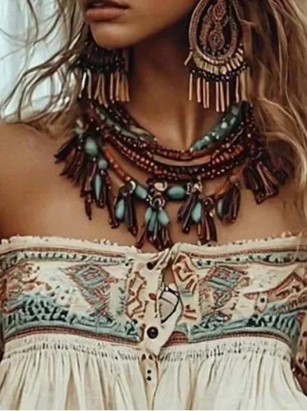 Retro Western Cowgirl Damenhemd Ethnisch Bedrucktes Bohemian-Oberteil Einschultriges Hemd – Detail 4