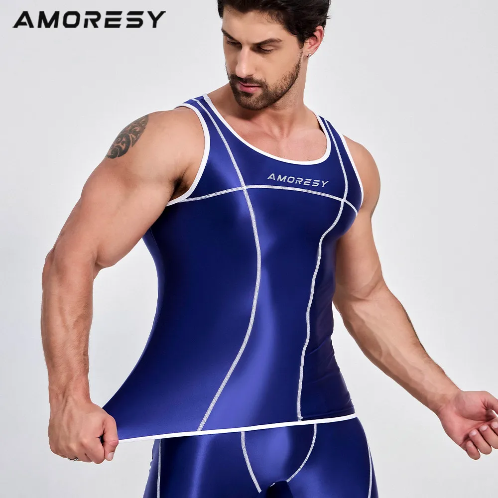 AMORESY Silk oil glossy men vest Sweatshirt smooth pants sports tight elastic shiny vest glossy pants