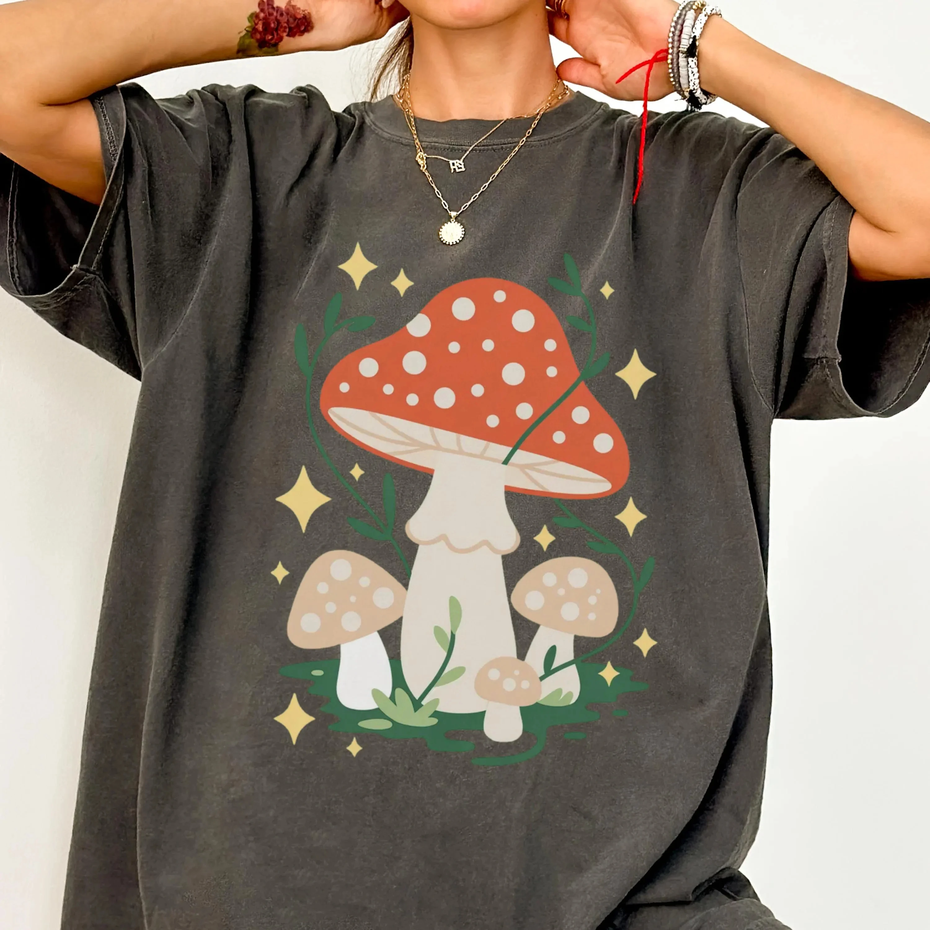 

Женская летняя футболка больших размеров в стиле ретро с принтом грибов, хлопковая, дышащая, стильная, универсальная, в уличном стиле, оверсайз