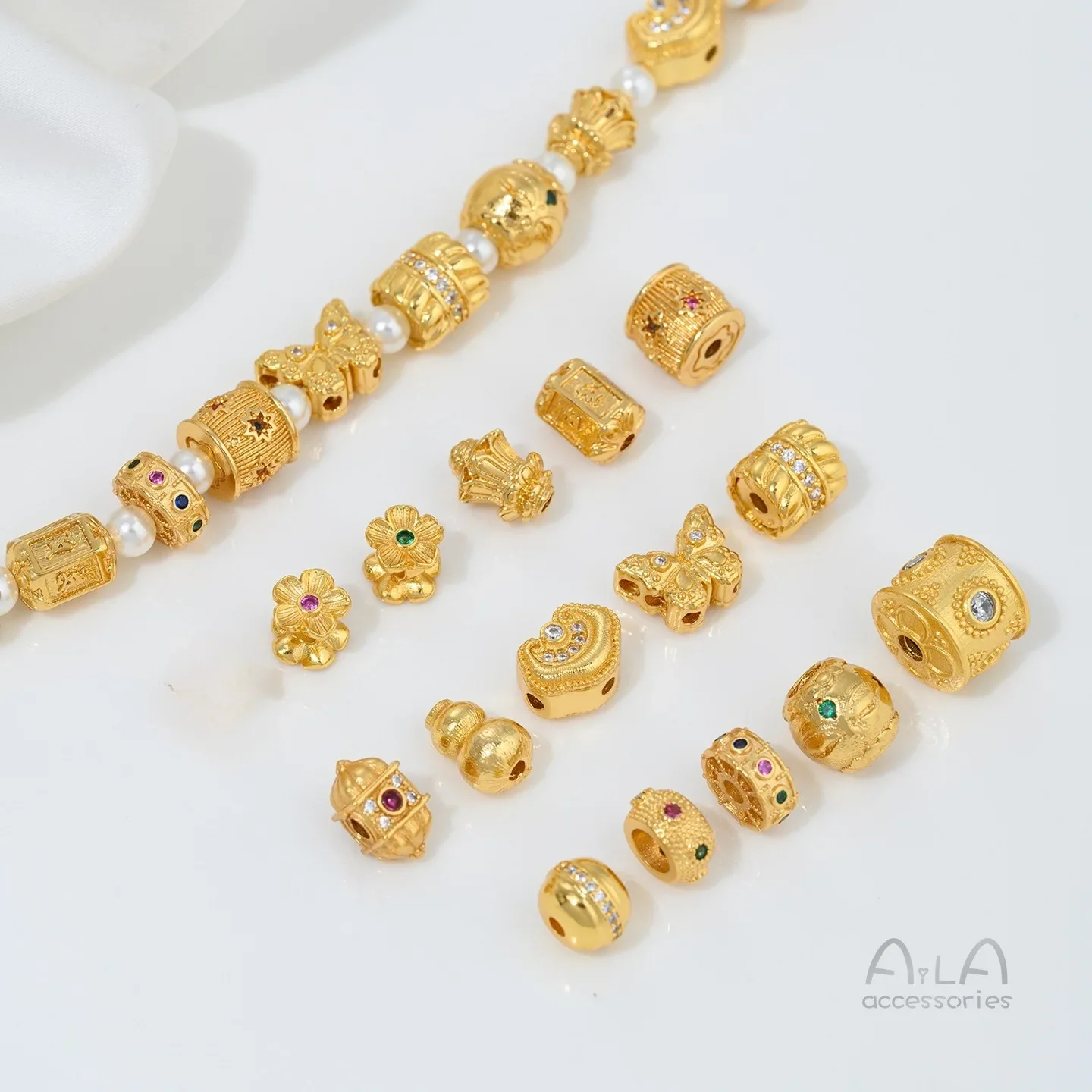 24k Gold Plated Zirconium Butterfly Flower Gourd Bucket Bead Auspicious Cloud Mantra Diy Bead Isolation Handcrafted Bead Stringi view 3
