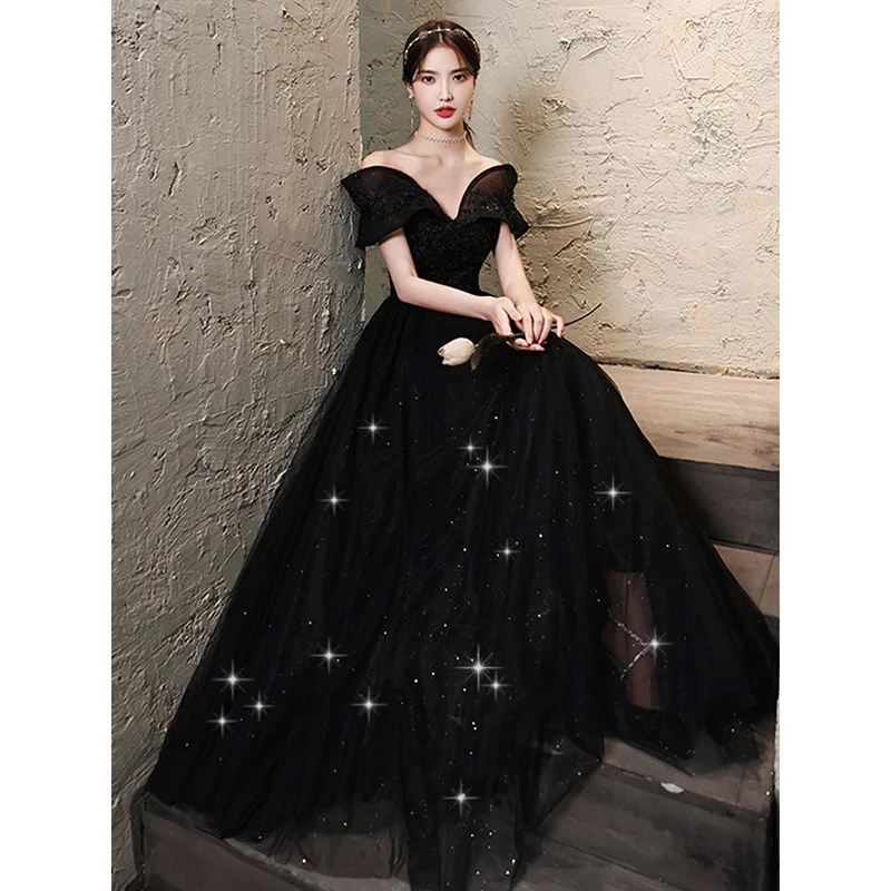 

2022 New Ladies Off-the-shoulder Black Evening Dress Sequin Backless Temperament Slim Long Party Gonws Hot Sale