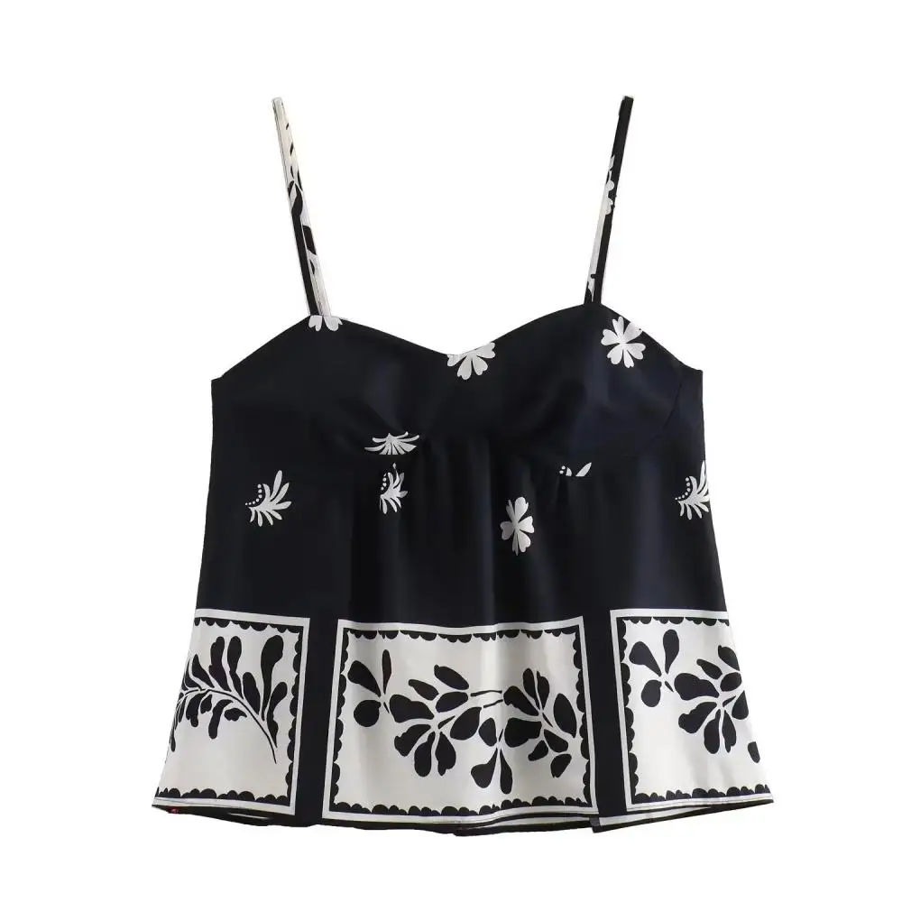 

Women Sexy Blackless Sleeveless Backles Sling Top Fashion Printed Basic Tank Summer Casual Slim Spaghetti Strap Sling Blouse