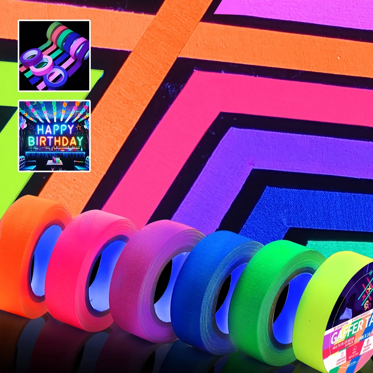YITAPE 6PCS UV Blacklight Reactive Neon Tape 15mm*5M Fluorescent Cloth Tape Glow in The Dark for Party Halloween Decoration