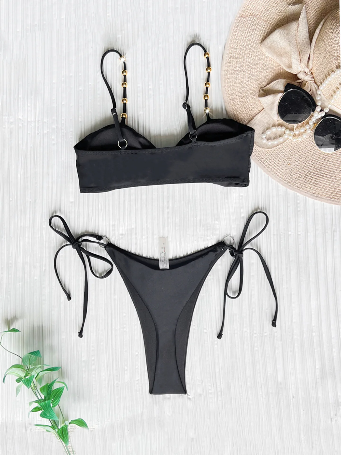 sexy metal beads bikinis sets two pieces black tie thong plain swimsuits beachwear bathing suit swimwear biquini tankini