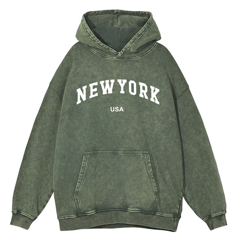 

New York Usa Print Men'S Washed Distressed Hoodie Fashion Warm Cotton Hoody Casual Retro Hoodies Autumn Loose Versatile Clothes