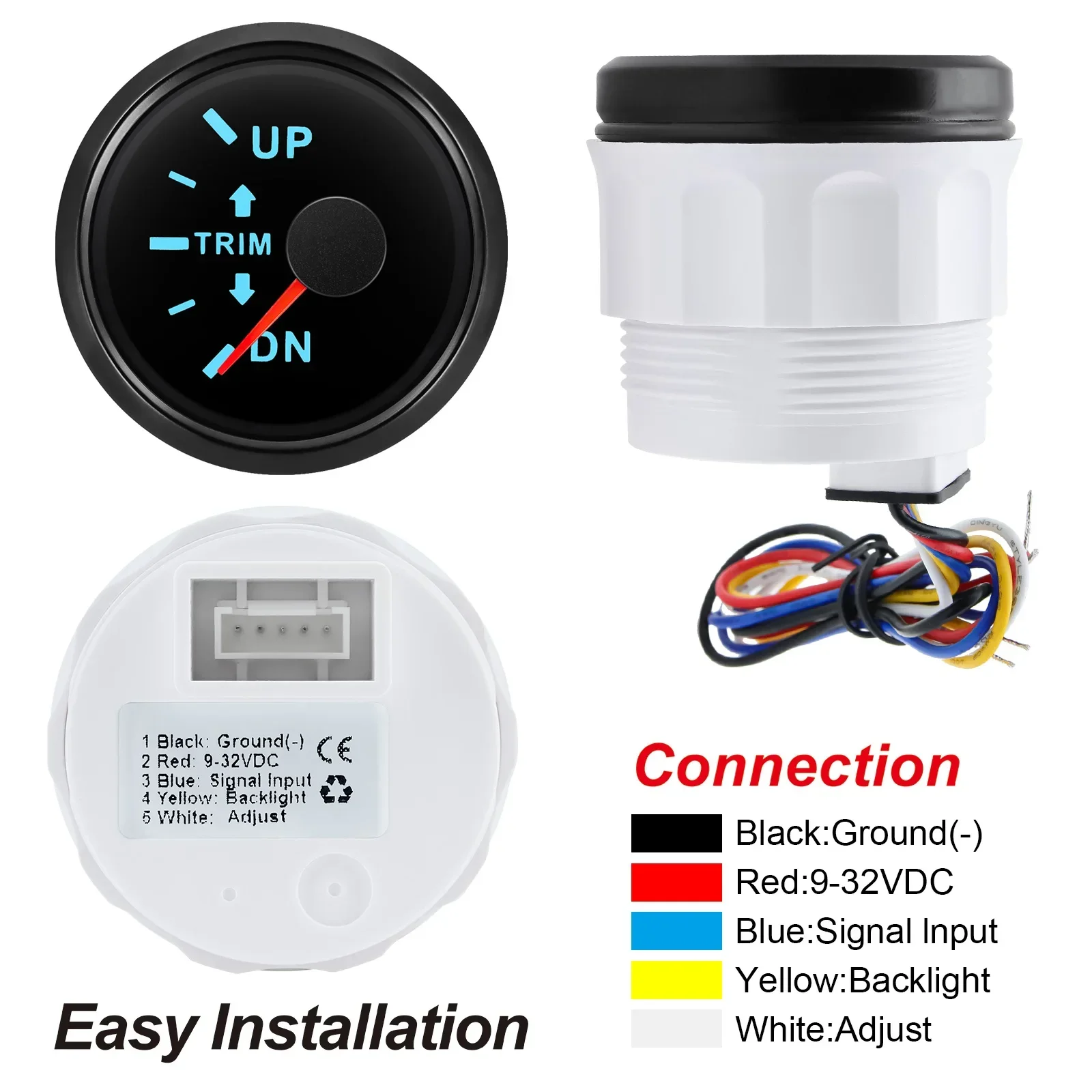 52MM Trim Gauge with 7 Colors Backlight Up Down 0-190ohm Marine Trim Tilt Indicator for Inboard Outboard Engine Boat Trim Meter