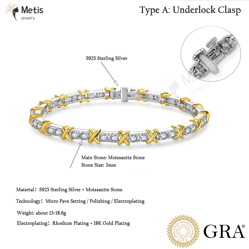 3mmS925 Sterling Silver Full Moissanite Tennis Bracelet Two-Tone Plated X-Cross Design D Color VVS1 for Women Engagement Jewelry