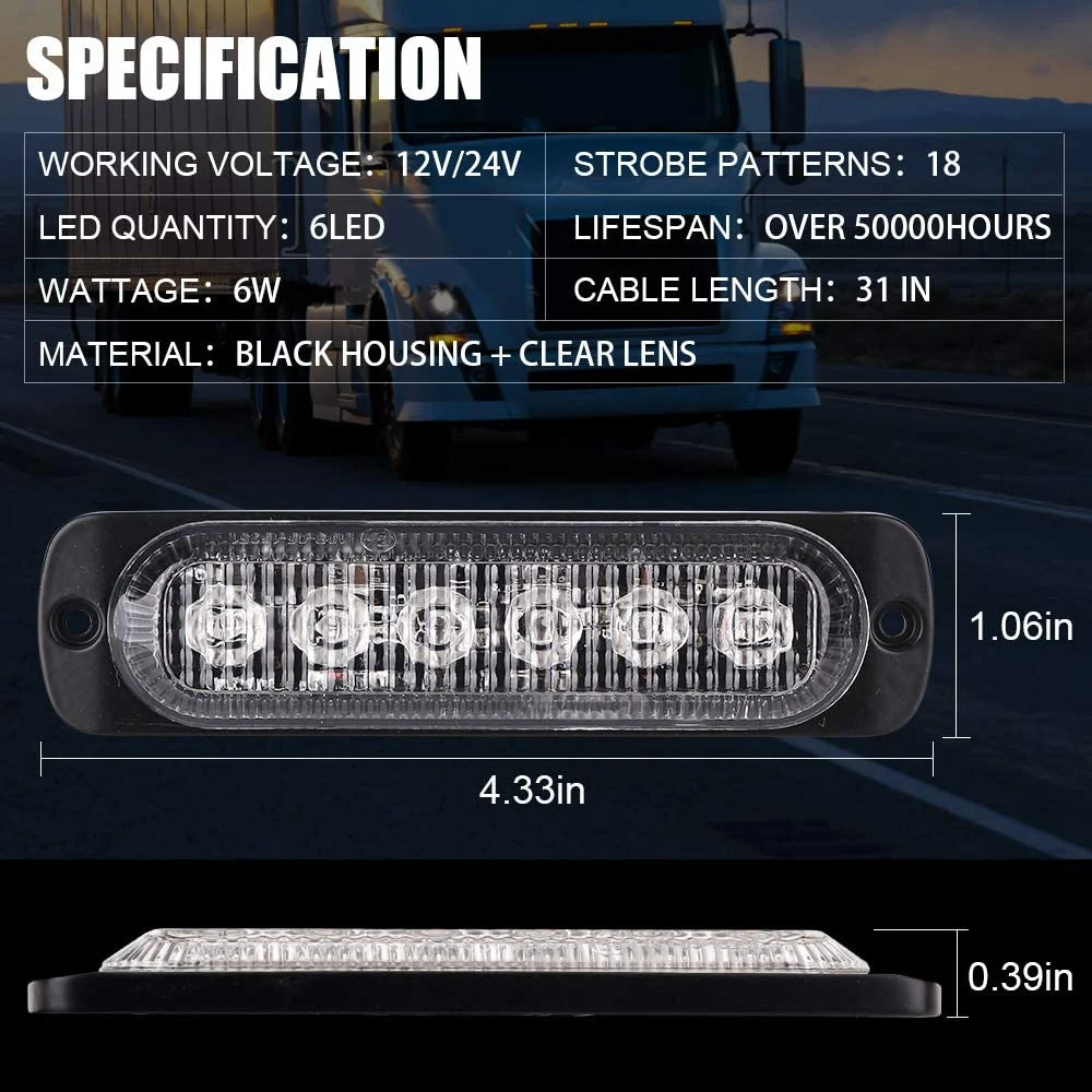 Baliza de emergencia para coche y camión, barra de luz estroboscópica de advertencia de peligro, Flash rojo y azul, 6LED, 4 unidades