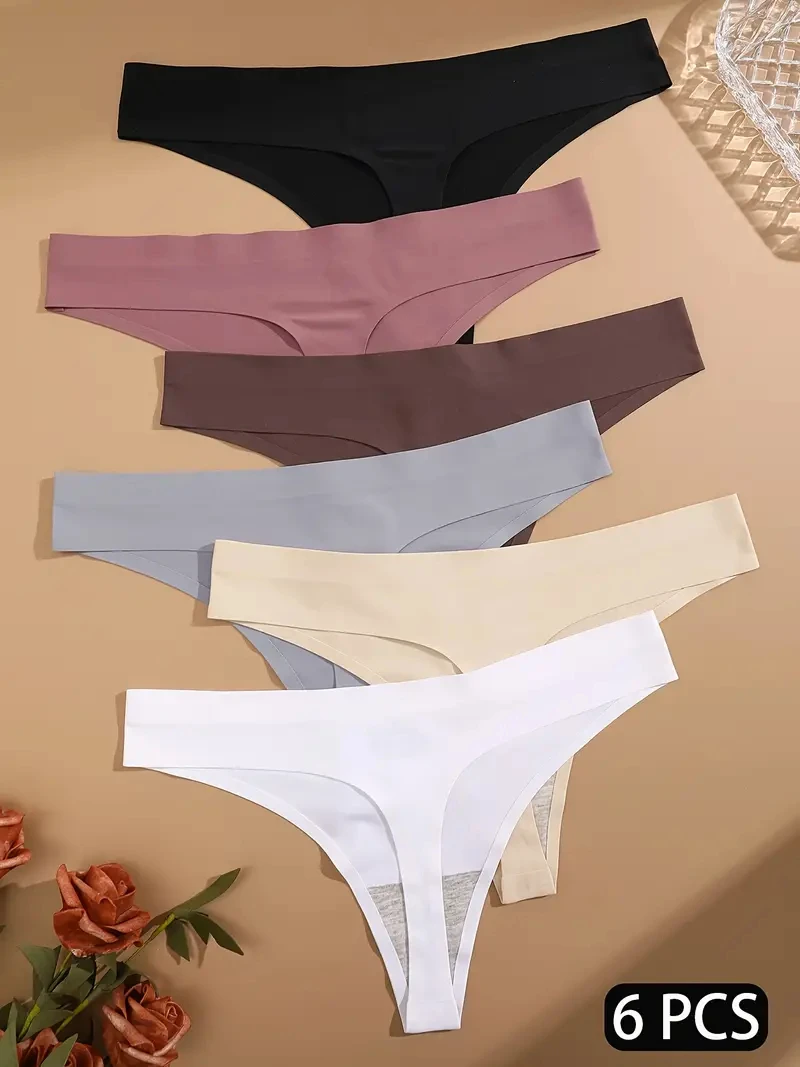 FINETOO 6pcs Ice Silk Seamless Underwear Low-Rise Panties Women Breathable Thongs Sexy Solid Bikini Female Stretchy Lingerie