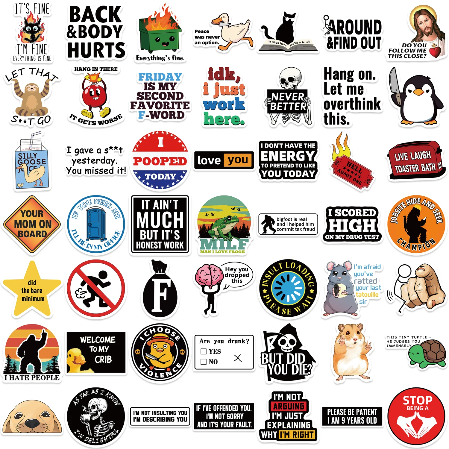 50Pcs Prank Meme Graffiti Vinyl Stickers Reusable Decals for Laptops Water Bottles Luggage Colorful Fun Designs Stickers