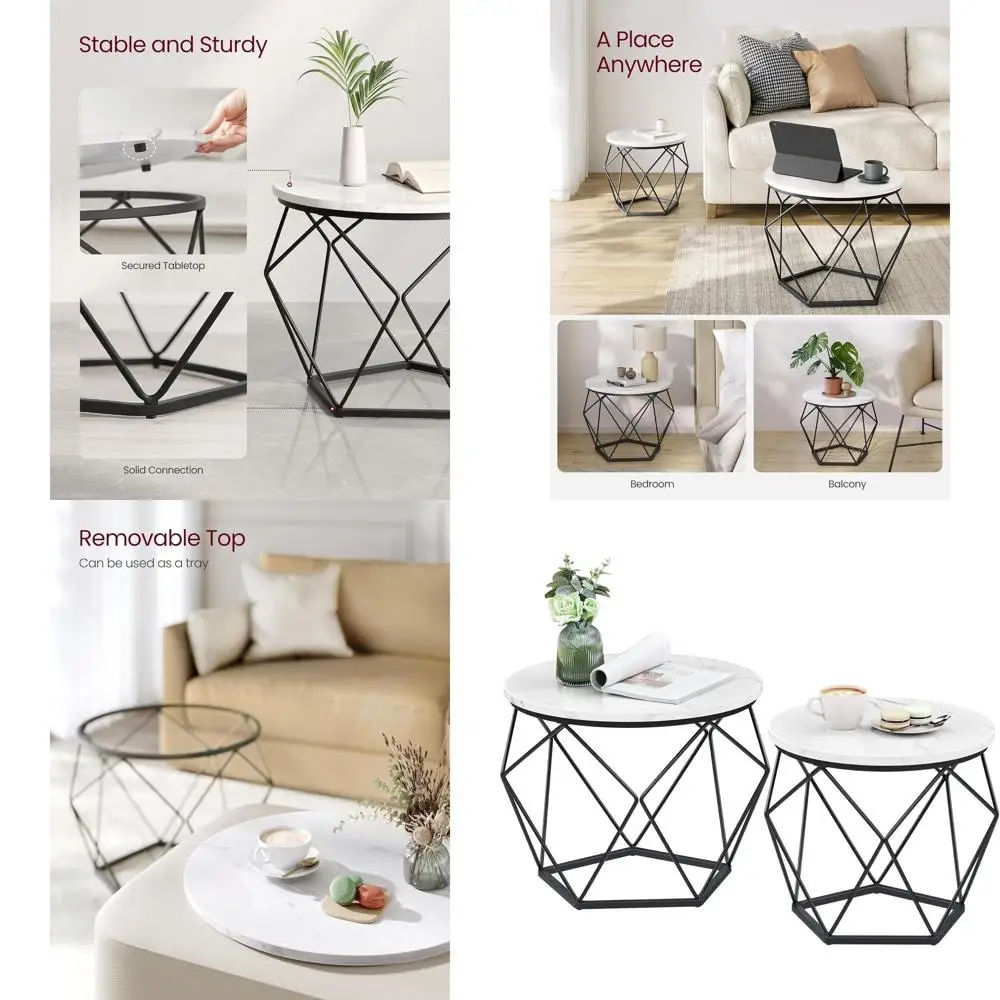 

Pair of Modern Round Coffee Tables, Metal Frame Accent Tables, Suitable for Living Room, Bedroom, Office, Marble White and Ink B