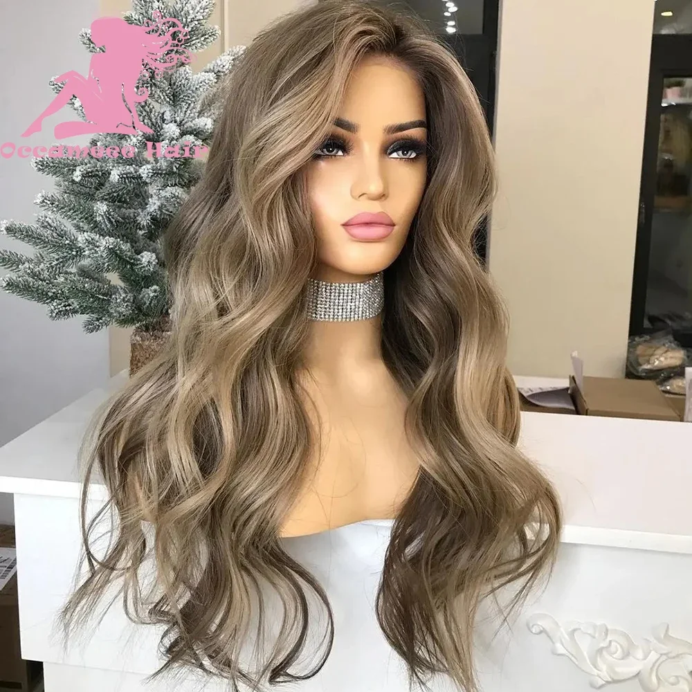 Perruque Full Lace Wig brésilienne naturelle, cheveux humains, balayage, brun, blond, 13x4, pre-plucked, transparente, pour femmes