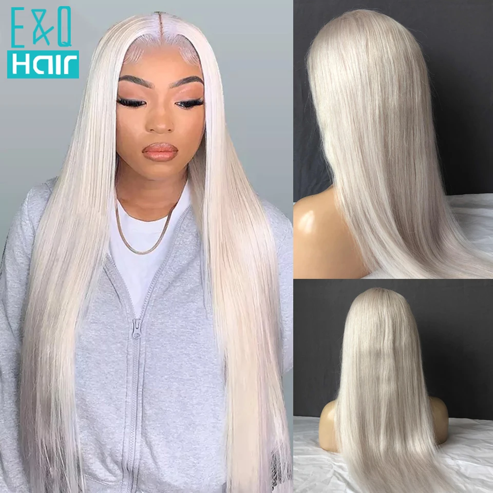 Perucas retas brasileiras de cabelo remy para mulheres, peruca frontal transparente, loiro de platina, cabelo humano branco