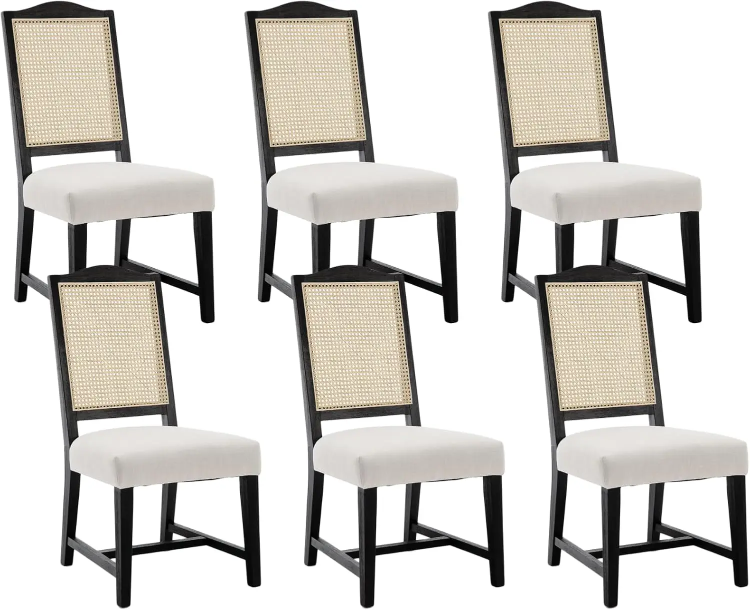 Mid Century Modern Rattan Dining Chairs Set Of 6, Farmhouse Upholstered Dining Room Chairs With Cane Back Armless Linen Kitchen