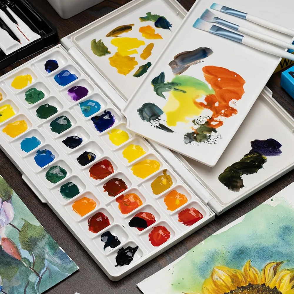 Watercolor Palette with Lid: 33 Wells Airtight Folding Paint Palette with Large Mixing Tray - Empty Acrylic Painting Art Pallet