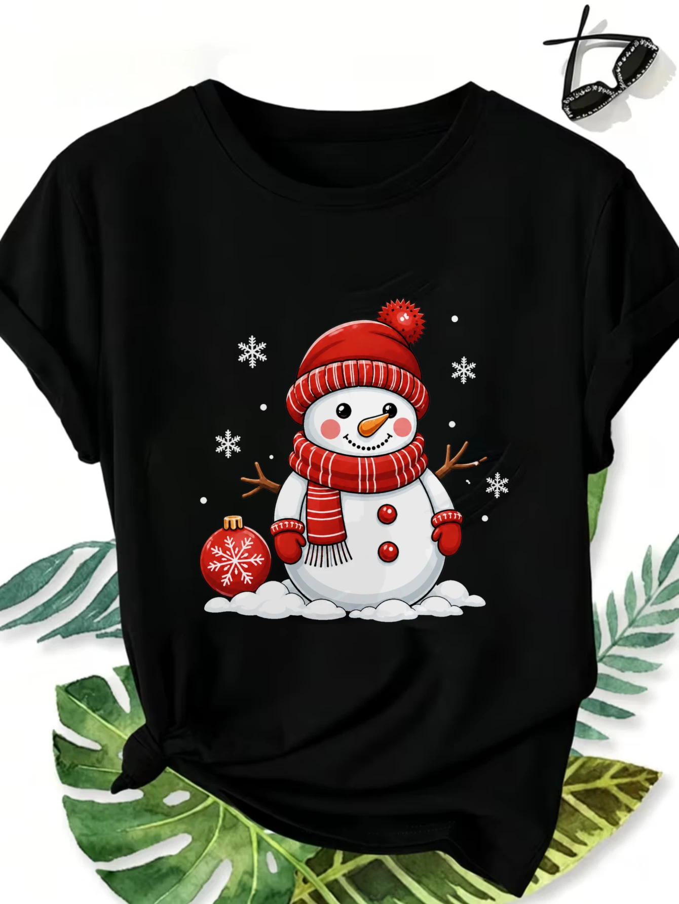 Women's Fashion New Round-Neck Autumn Casual Daily Basic Top Cute Snowman with Red Hat and Scarf Christmas Winter Holiday Design