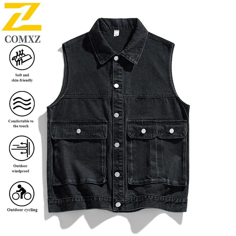 

EIAO Japanese Style Denim Vest Streetwear Autumn Water-Resistant Windproof UV Protection Camping Hiking Multi-Season Work Jacket